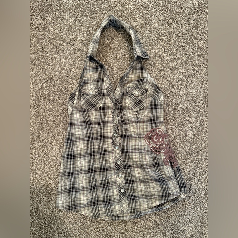 Vintage Guess Plaid Halter Top with collar and Embroidered Detail